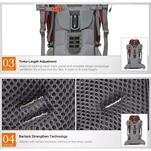 Rucsac trekking MOUNTAINTOP 70L cu husă de ploaie, pentru bărbați și femei, ideal pentru drumeții și camping.