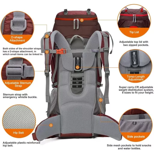 Rucsac trekking MOUNTAINTOP 70L cu husă de ploaie, pentru bărbați și femei, ideal pentru drumeții și camping.