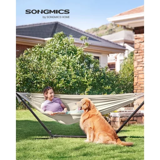SONGMICS 2 személyes függőágy 210x150 cm, 300 kg terhelhetőség, kültéri hálózat táskával - Beige