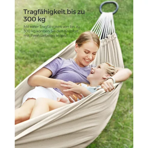 SONGMICS 2 személyes függőágy 210x150 cm, 300 kg terhelhetőség, kültéri hálózat táskával - Beige