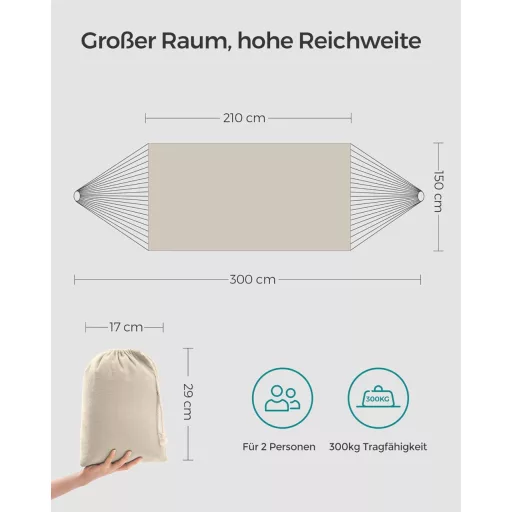 SONGMICS 2 személyes függőágy 210x150 cm, 300 kg terhelhetőség, kültéri hálózat táskával - Beige