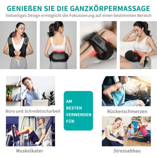 Pernă de masaj Shiatsu Nekteck cu funcție de încălzire - Masaj pentru gât, umeri, spate și talie, pentru mașină și birou, cu control al vitezei, Negru