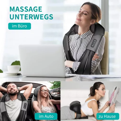 Pernă de masaj Shiatsu Nekteck cu funcție de încălzire - Masaj pentru gât, umeri, spate și talie, pentru mașină și birou, cu control al vitezei, Negru