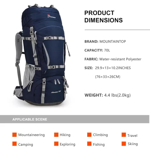Rucsac de trekking MOUNTAINTOP 70L cu husă de ploaie, pentru bărbați și femei, ideal pentru drumeții și camping