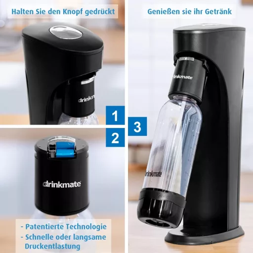 Drinkmate OmniFizz Aparat de sifon - Carbogazează orice băutură fără diluare, cu sticlă de 1L fără BPA, funcționare automată, alb