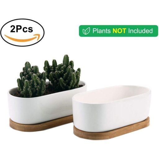 Ghiveci ceramică pentru cactus T4U cu suport de bambus, ghiveci dreptunghiular pentru suculente