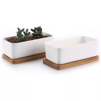   T4U Keramička posuda za kaktuse s bambusovim podloškom, pravokutna posuda za sukulente