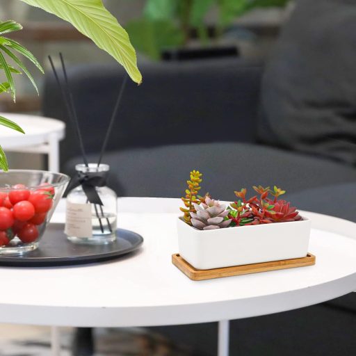 Keramický kvetináč na kaktusy T4U s bambusovým podstavcom, obdĺžnikový kvetináč na sukulenty