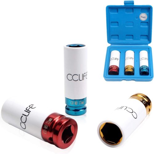 CCLIFE 3 részes dugókulcs készlet 1/2" krómacél - 17, 19, 21 mm méretű alufelni védőbetétekkel, 78 mm hosszú, ütvecsavarozóhoz és nyomatékku