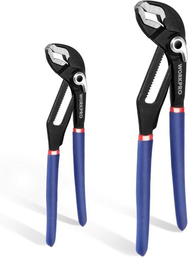 WORKPRO Vízpumpafogó Készlet, 200mm és 250mm Méretben, 46mm Pofanyílással, Állítható Markolattal, Króm-Vanádium Acél, Kék, 2 db-os Szerelő F