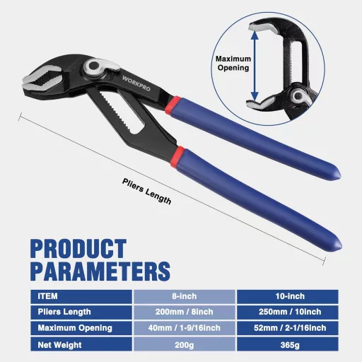 Set clești pentru pompe de apă WORKPRO, dimensiuni 200mm și 250mm, deschidere falcă 46mm, mâner ajustabil, oțel crom-vanadiu, albastru, set de 2 bucăți pentru instalator