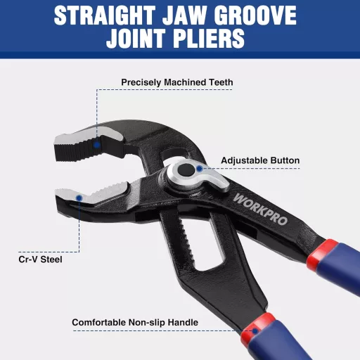 Set clești pentru pompe de apă WORKPRO, dimensiuni 200mm și 250mm, deschidere falcă 46mm, mâner ajustabil, oțel crom-vanadiu, albastru, set de 2 bucăți pentru instalator