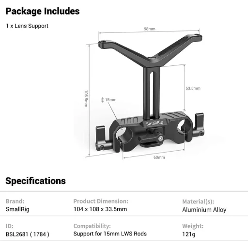 SmallRig 15mm duga podrška za objektiv 53,5mm podesiva po visini za DSLR sustav naramenica kamere