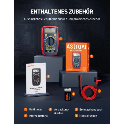 AstroAI Digitális Multiméter AC/DC Feszültség Árammérő Ellenállás Teszter Háttérvilágítással