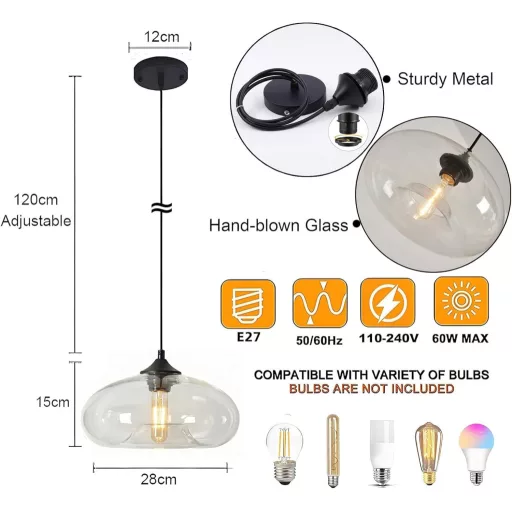 Lustră vintage HJXDtech cu abajur din sticlă colorată, E27, pentru bucătărie, living, sufragerie.