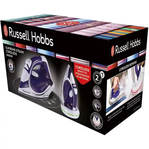 Fier de călcat cu aburi fără fir Russell Hobbs SupremeSteam 2400W cu talpă ceramică, mov