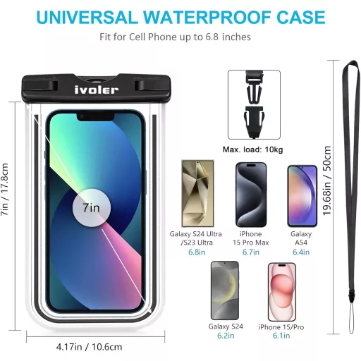 Husă impermeabilă pentru telefon iVoler, 2 bucăți, IPX8, geantă uscată universală fluorescentă pentru iPhone Samsung, 6.2", Negru