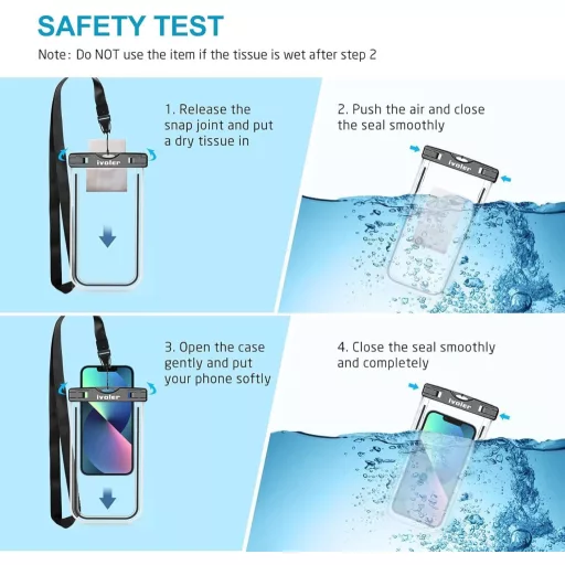 Husă impermeabilă pentru telefon iVoler, 2 bucăți, IPX8, geantă uscată universală fluorescentă pentru iPhone Samsung, 6.2", Negru