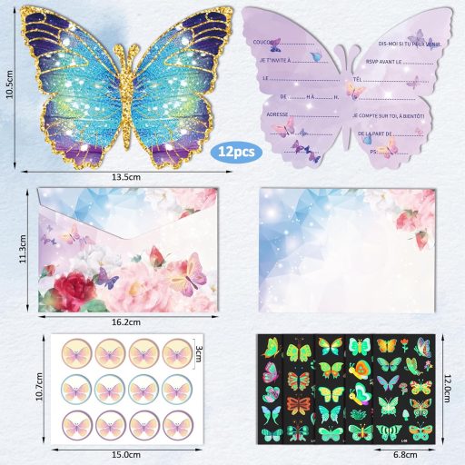 BootyBay Leptir Rođendanska Pozivnica Set za Djevojčice - 12 Kartica na Francuskom Jeziku s Kuvertama, Naljepnicama i 5 Tetovaža za Dječji Rođendan