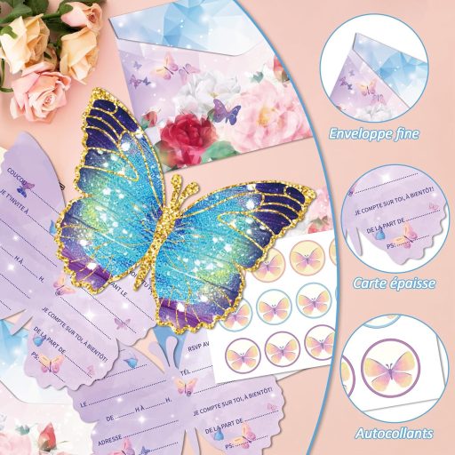 BootyBay Leptir Rođendanska Pozivnica Set za Djevojčice - 12 Kartica na Francuskom Jeziku s Kuvertama, Naljepnicama i 5 Tetovaža za Dječji Rođendan