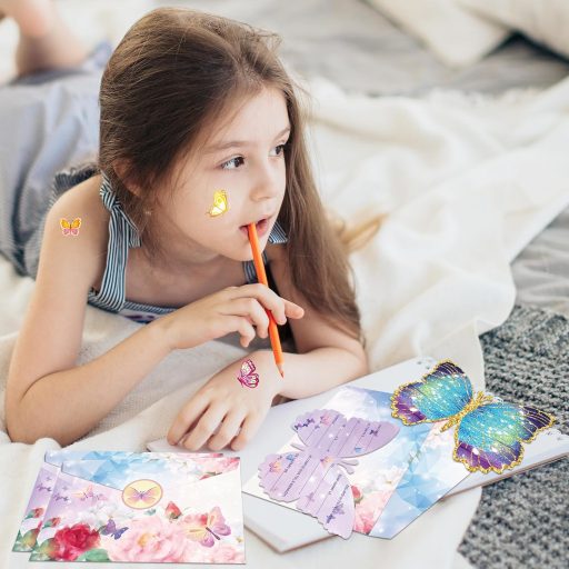 BootyBay Leptir Rođendanska Pozivnica Set za Djevojčice - 12 Kartica na Francuskom Jeziku s Kuvertama, Naljepnicama i 5 Tetovaža za Dječji Rođendan
