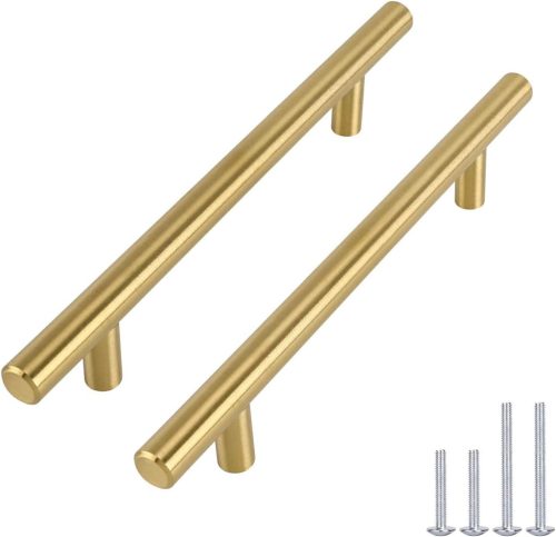 Goldenwarm LS201GD128 Arany Bútorfogantyú Szett - 5 db Rozsdamentes Acél Konyhai Szekrény és Fiók Fogantyú, 128 mm Lyuktávolság, Csavarokkal