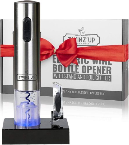 Twinz'up Set Tirbușon Electric - Desfăcător de Vin Argintiu Fără Fir cu Cutter pentru Folie și Stație de Încărcare, în Cutie Cadou Premium