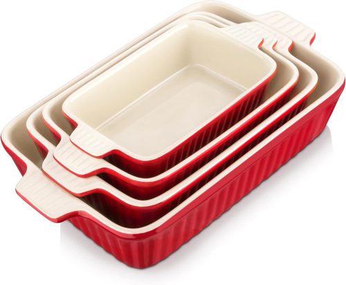 MALACASA 4 részes piros porcelán sütőtál készlet, kerek forma, tapadásmentes, fagyasztható, mosogatógépben mosható, hőálló tálak 9-13,3" mér