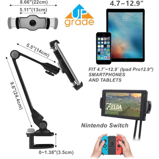 Suport Metalic ZenCT pentru Tabletă, Prindere Reglabilă cu Clește, Compatibil cu iPad și Dispozitive Android de 4-11 Inch - Negru