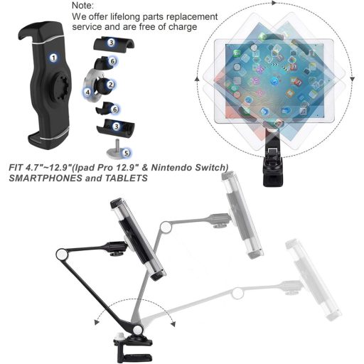 Suport Metalic ZenCT pentru Tabletă, Prindere Reglabilă cu Clește, Compatibil cu iPad și Dispozitive Android de 4-11 Inch - Negru