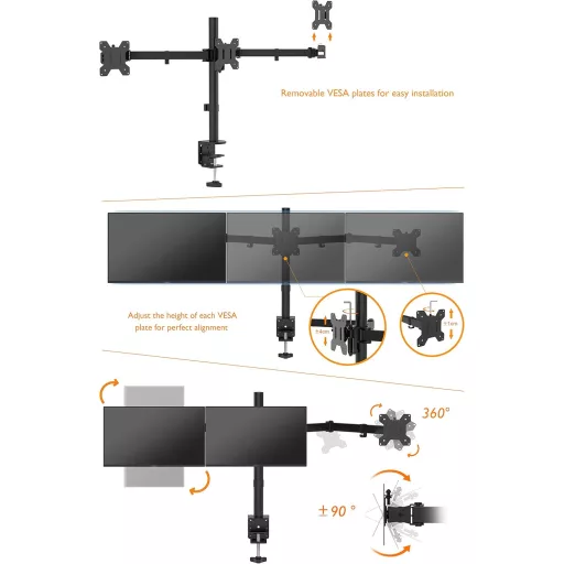 Braț Triplu Suport Monitor BONTEC - Suport de birou LCD/LED pentru monitoare de 13"-24", Negru, Consolă Reglabilă pentru Monitoare TV și Calculatoare