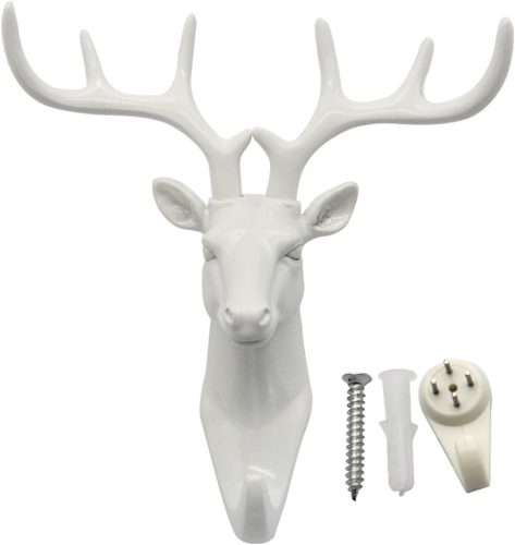 Cuier de perete Evilanda cu coarne de cerb alb - Suport modern din rășină pentru haine și pălării, cadou decorativ, ornament de perete în formă de animal