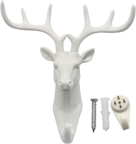 Cuier de perete Evilanda cu coarne de cerb alb - Suport modern din rășină pentru haine și pălării, cadou decorativ, ornament de perete în formă de animal