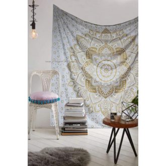   raajsee Mandala Falitextil Arany-Fehér Elefántos Bohém Indiai Pamut Fali Dekoráció