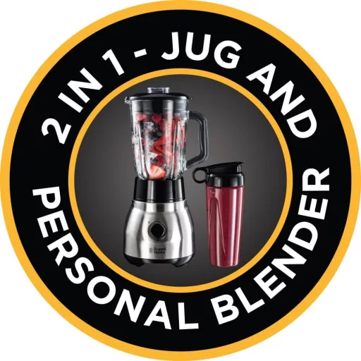 Russell Hobbs 2 az 1-ben Turmixgép Üveg Tartállyal, Hordozható Pohárral és 0.8 LE Motorral