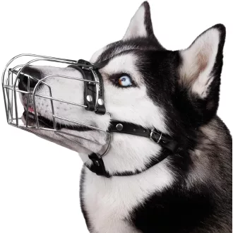   BRONZEDOG Botniță Ajustabilă Tip Coș pentru Câini - Oțel Inoxidabil, Curea din Piele, Respirabilă, Permite Apoiul, Anti-Mușcătură - Potrivită pentru Rase de Tip Husky, Doberman