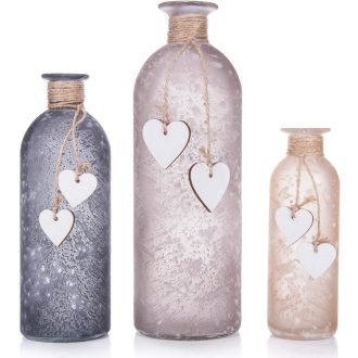   Frank FLECHTWAREN Dekoratív Szív Váza Szett - 3 db Szürke Üveg Váza Fahatású Díszítéssel, Különböző Méretekben, Szatén Felülettel