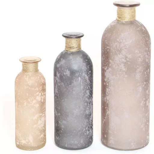 Frank FLECHTWAREN Dekoratív Szív Váza Szett - 3 db Szürke Üveg Váza Fahatású Díszítéssel, Különböző Méretekben, Szatén Felülettel