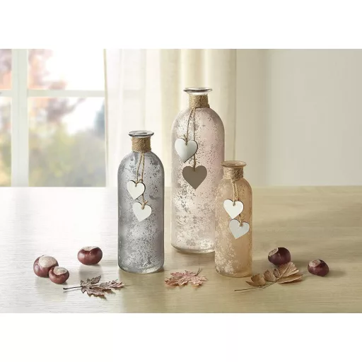 Frank FLECHTWAREN Dekoratív Szív Váza Szett - 3 db Szürke Üveg Váza Fahatású Díszítéssel, Különböző Méretekben, Szatén Felülettel