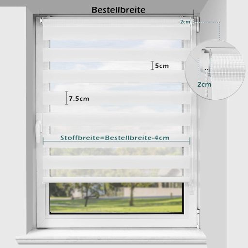 Rulou dublu OUBO, alb, opacizant, fără găurire, cu prindere prin cleme pentru ferestre și uși, cu lanț lateral.