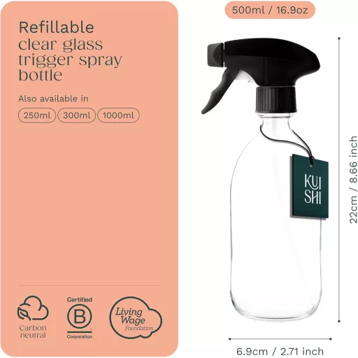 Kuishi Átlátszó Üveg Permetező Palack Fekete Pumpával 500ml Tartós Spray Flakon Tisztításhoz Növényápoláshoz