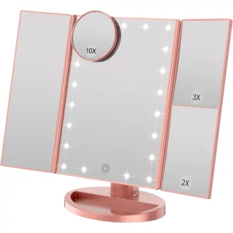   WEILY Trifold Sminkespegel LED Világítással 1X/2X/3X Nagyítás Érintőképernyő Rózsaarany - Pink Gold
