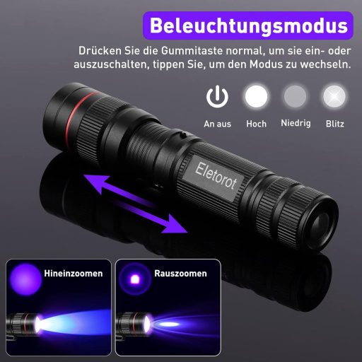 Lanternă UV LED Eletorot cu carcasă din aluminiu, lumină neagră