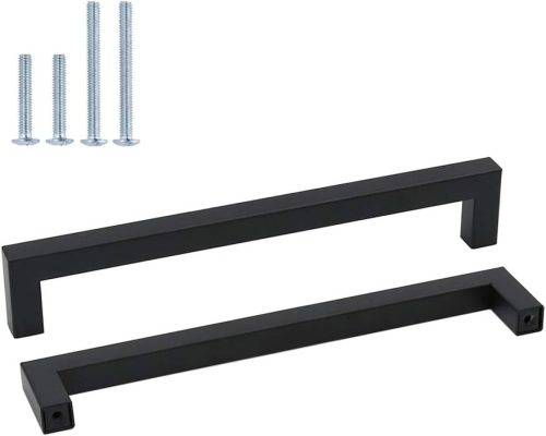 Goldenwarm LSJ12BK Mâner Pătrat din Oțel Inoxidabil pentru Dulapuri de Bucătărie și Sertare - Acoperire Neagră, Distanță Găuri 192 mm, Set de 5