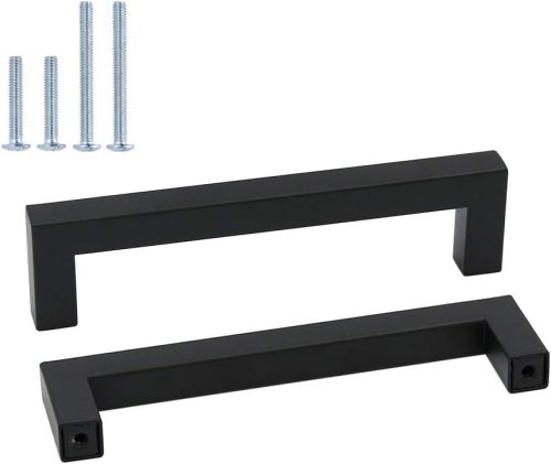 Goldenwarm LSJ12BK Mâner Pătrat din Oțel Inoxidabil pentru Dulapuri și Sertare de Bucătărie - Negru, Distanță Găuri 128mm, Set de 10 Bucăți