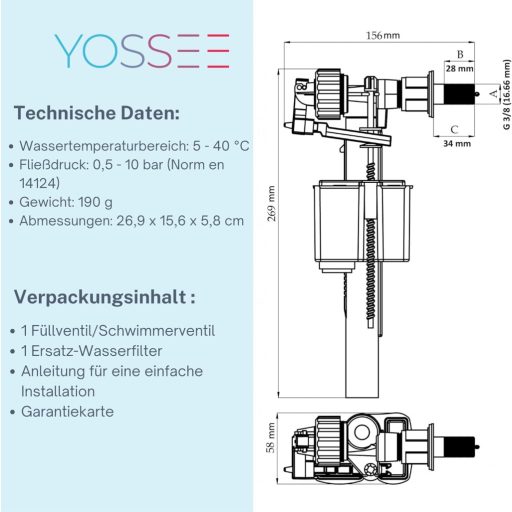 Supapă de umplere universală ATD Trading pentru rezervoare din plastic și ceramică, cu filtru de apă, racord G 3/8, interval de presiune 0,5-10 bari, rapidă și uș