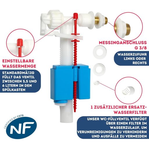 Supapă de umplere universală ATD Trading pentru rezervoare din plastic și ceramică, cu filtru de apă, racord G 3/8, interval de presiune 0,5-10 bari, rapidă și uș