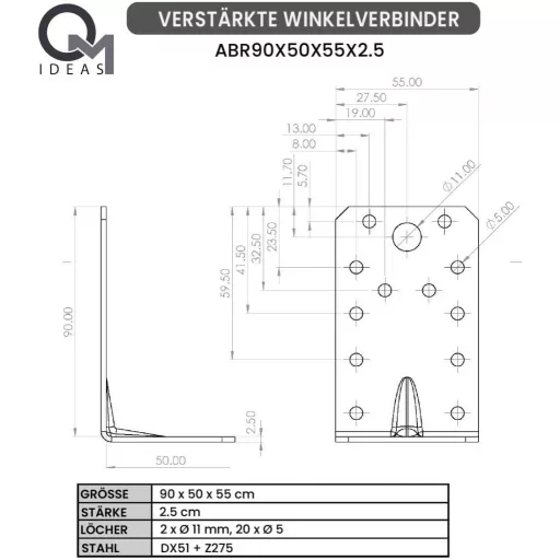 OMIDEAS 12db Szögösszekötő 90x50x55mm Fúrható Ezüst Horganyzott