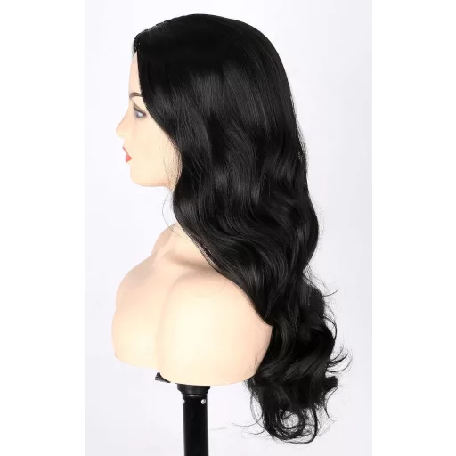 Perucă neagră Topcosplay, 61 cm lungime pentru femei - ondulată, din fibră sintetică termorezistentă, aspect natural, extensie de păr creț pentru carnaval, cosplay, coafurare până la 180°C.