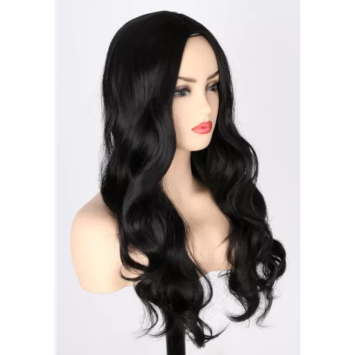 Perucă neagră Topcosplay, 61 cm lungime pentru femei - ondulată, din fibră sintetică termorezistentă, aspect natural, extensie de păr creț pentru carnaval, cosplay, coafurare până la 180°C.
